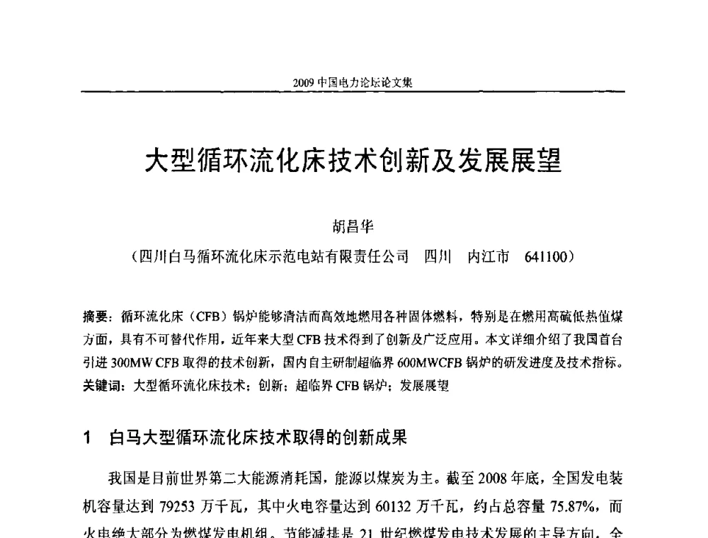 大型循环流化床技术创新及发展展望 - 2009中国电力论坛