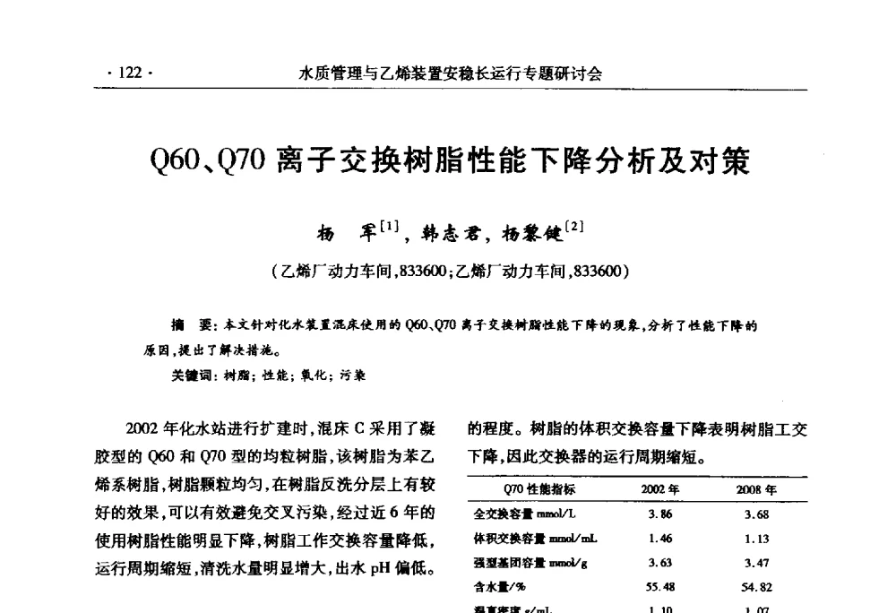 Q60、Q70离子交换树脂性能下降分析及对策 - 2010水质管理与乙烯装置安稳长运行研讨会