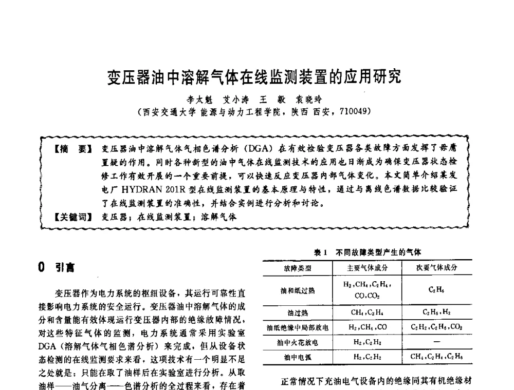 变压器油中溶解气体在线监测装置的应用研究 - 第十一届全国高等学校过程装备与控制工程专业教学改革与学科建设成果校际交流会