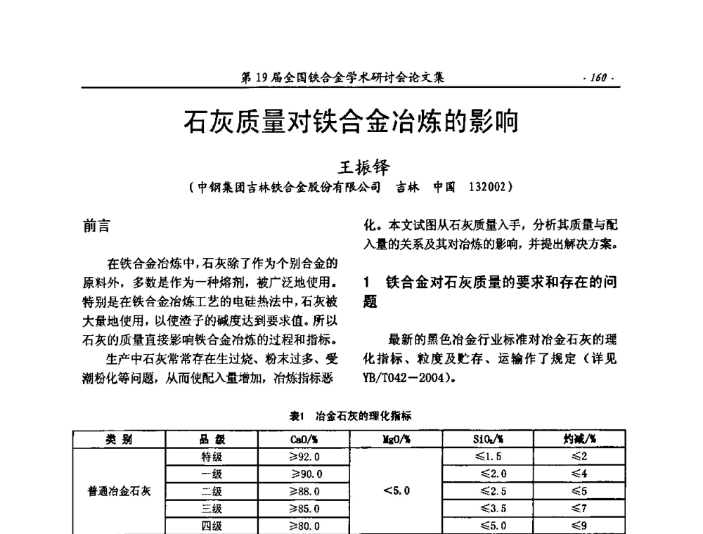 石灰质量对铁合金冶炼的影响 - 第19届全国铁合金学术研讨会