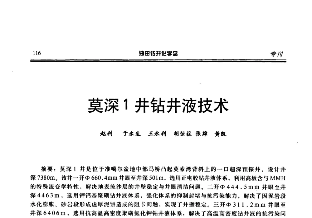 莫深1井钻井液技术 - 2008年中国油田钻井化学品开发应用研讨会