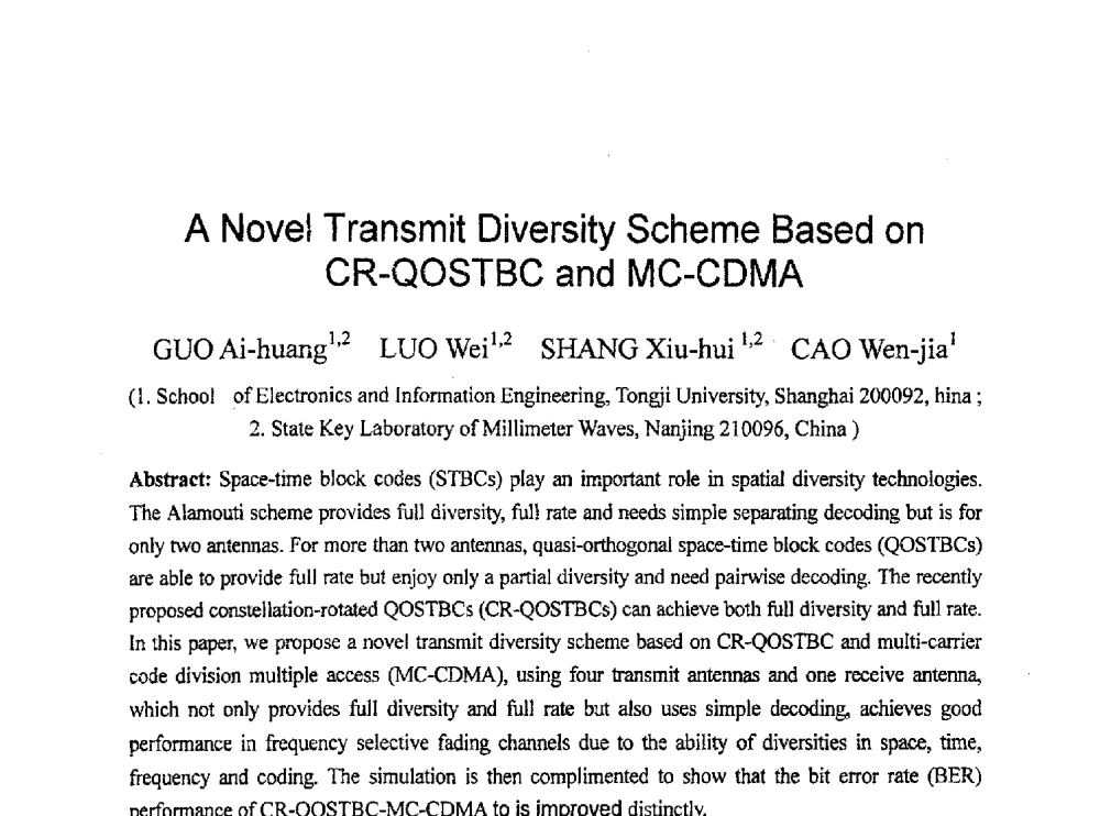 A Novel Transmit Diversity Scheme Based on CR-QOSTBC and MC-CDMA - 2010年通信理论与信号处理学术年会