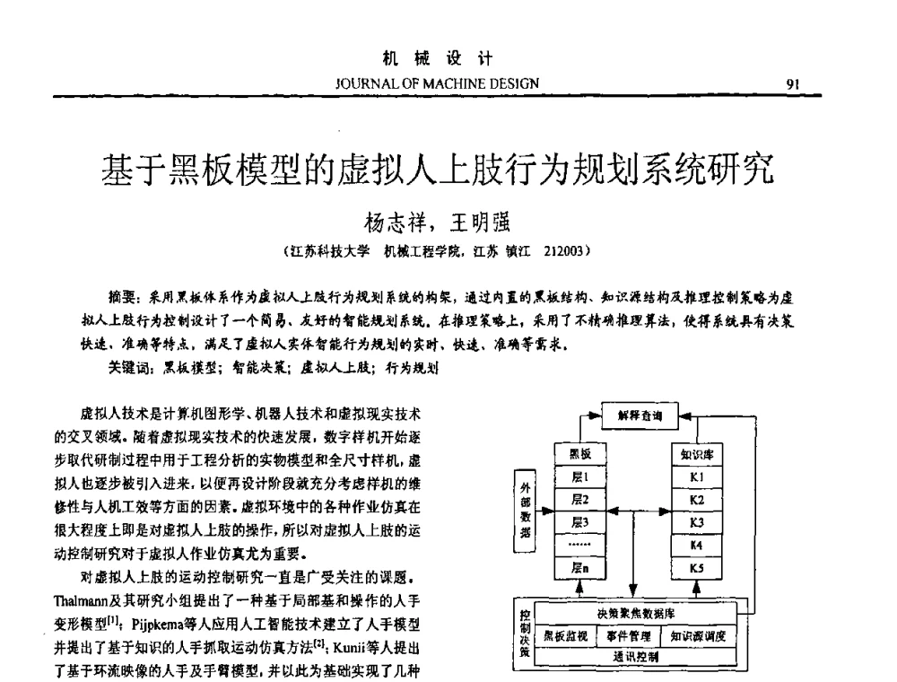 基于黑板模型的虚拟人上肢行为规划系统研究 - 第15届全国机械设计年会
