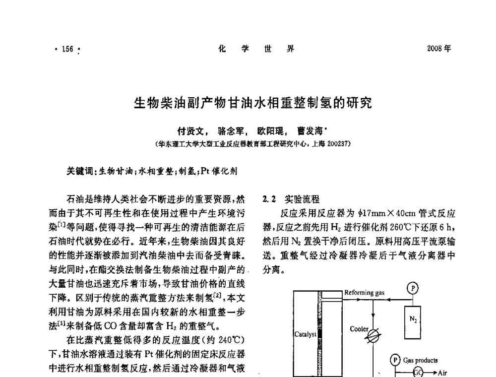 生物柴油副产物甘油水相重整制氢的研究 - 上海市化学化工学会2008年度学术年会
