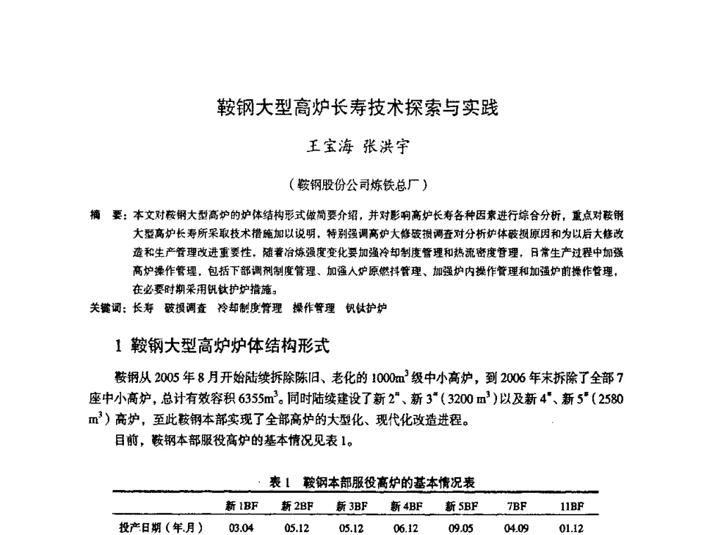 鞍钢大型高炉长寿技术探索与实践 - 第十一届全国大高炉炼铁学术年会