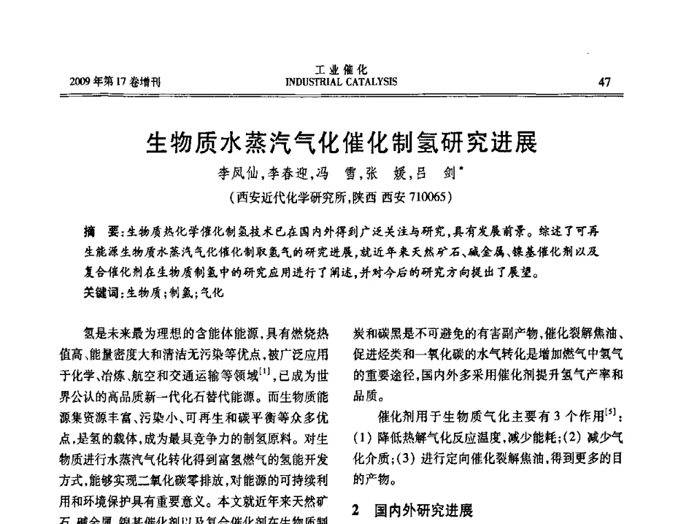 生物质水蒸汽气化催化制氢研究进展 - 第六届全国工业催化技术及应用年会