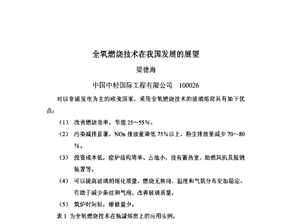 全氧燃烧技术在我国发展的展望 - 2009年全国玻璃窑炉技术研讨会