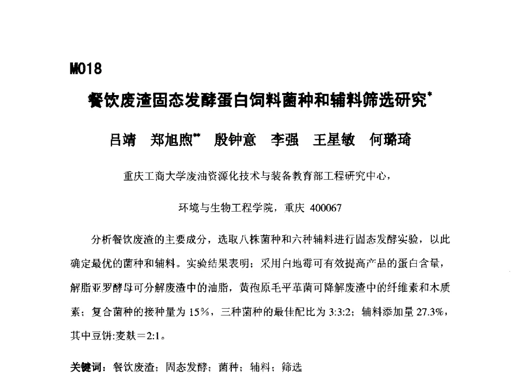 餐饮废渣固态发酵蛋白饲料菌种和辅料筛选研究 - 第五届全国化学工程与生物化工年会