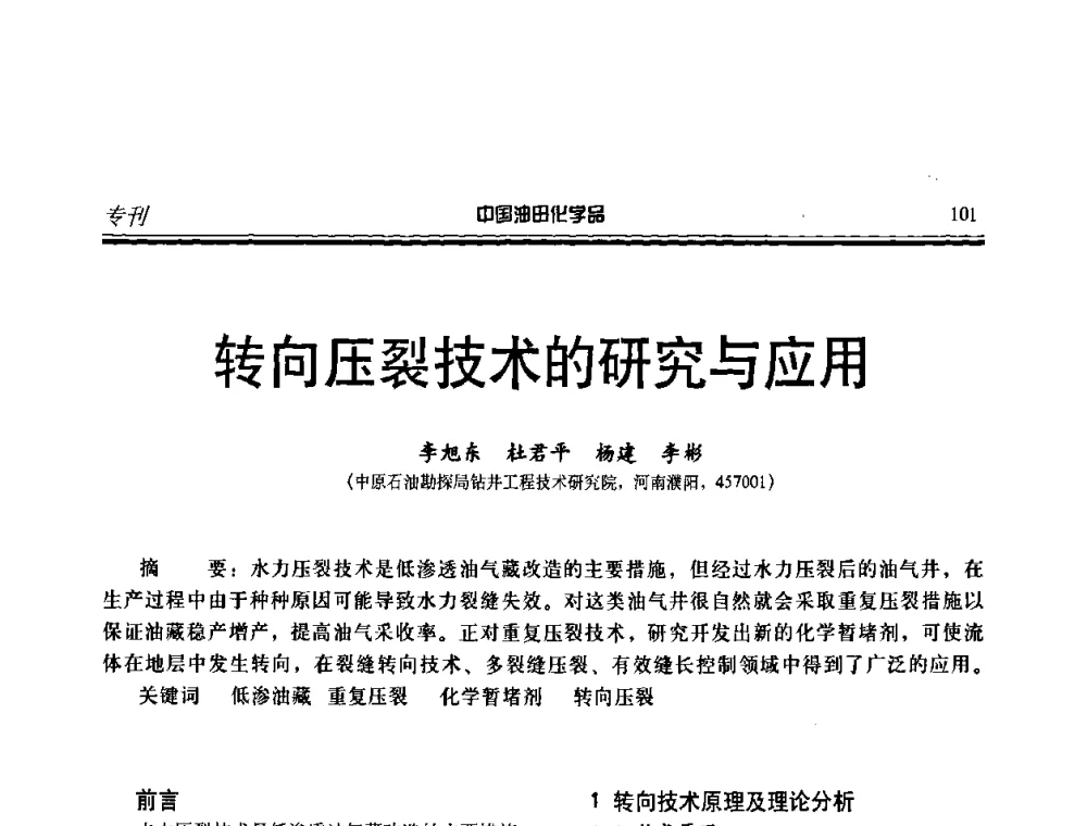 转向压裂技术的研究与应用 - 中国油田采油与集输用化学品开发应用研讨会
