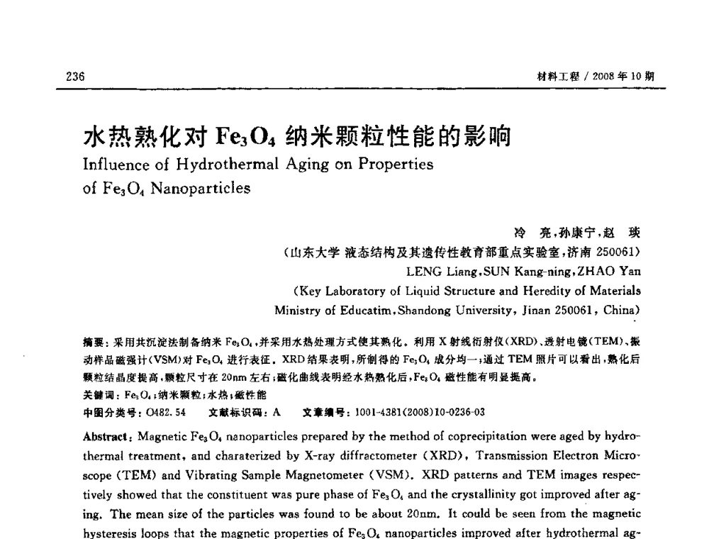 水热熟化对Fe3O4纳米颗粒性能的影响 - 第七届中国国际纳米科技(武汉)研讨会
