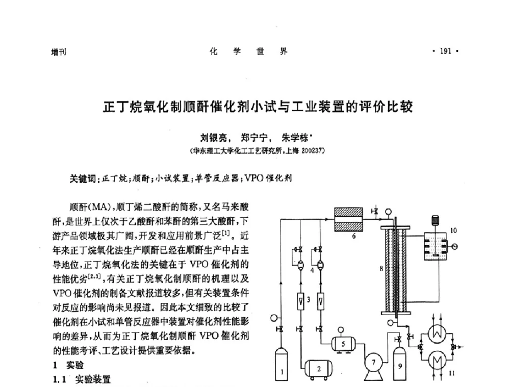 正丁烷氧化制顺酐催化剂小试与工业装置的评价比较 - 上海市化学化工学会2008年度学术年会
