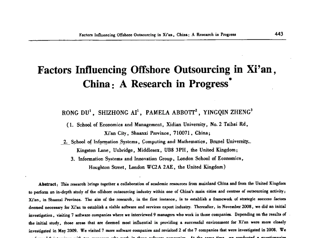 Factors Influencing Offshore Outsourcing in Xian_China_ A Research in Progress - 信息系统协会中国分会第三届学术年会