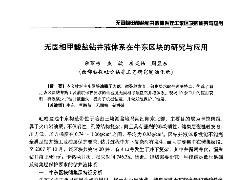 无固相甲酸盐钻井液体系在牛东区块的研究与应用 - 第八届石油钻井院所长会议