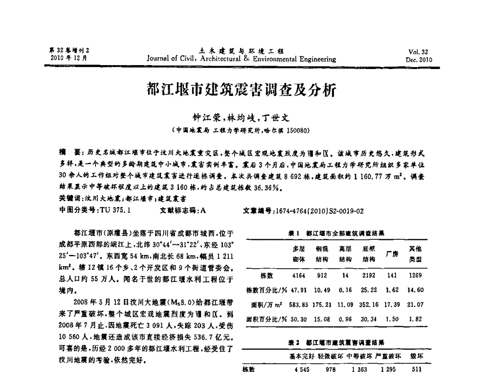 都江堰市建筑震害调查及分析 - 第八届全国地震工程会议