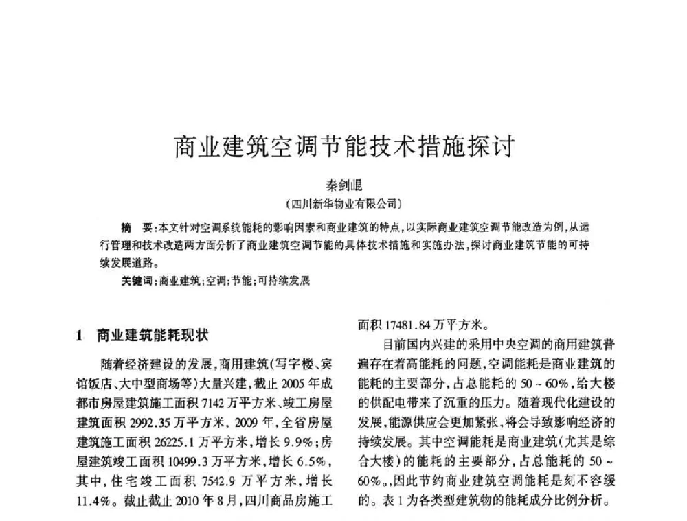 商业建筑空调节能技术措施探讨 - 四川省通信学会2010年学术年会