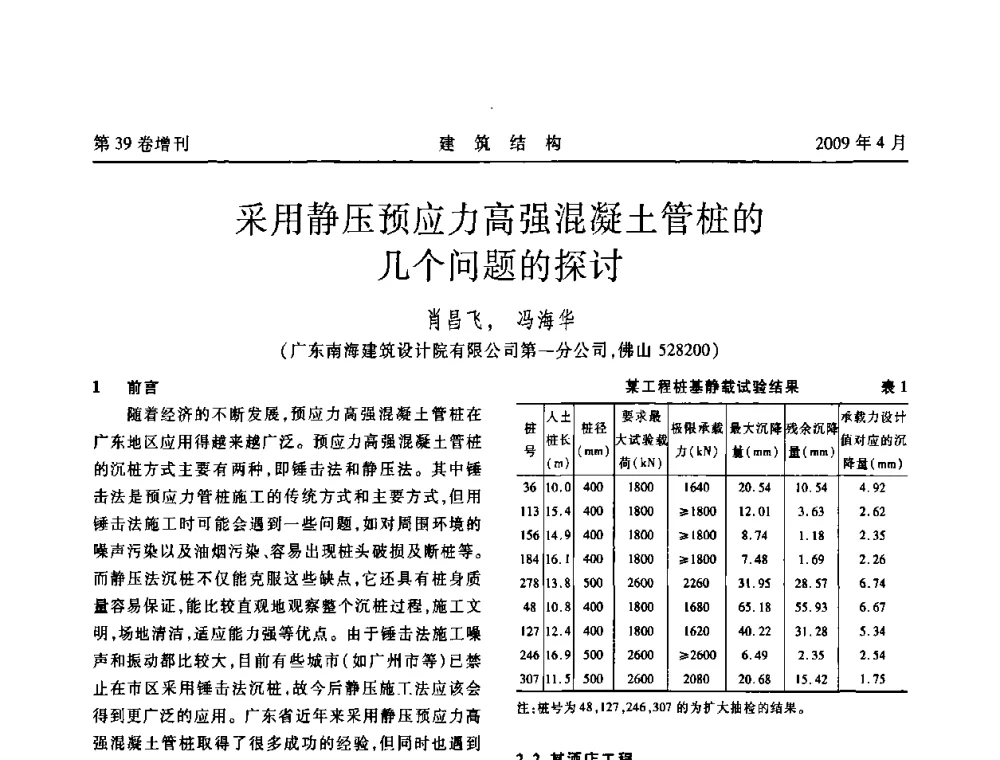 采用静压预应力高强混凝土管桩的几个问题的探讨 - 第二届全国建筑结构技术交流会