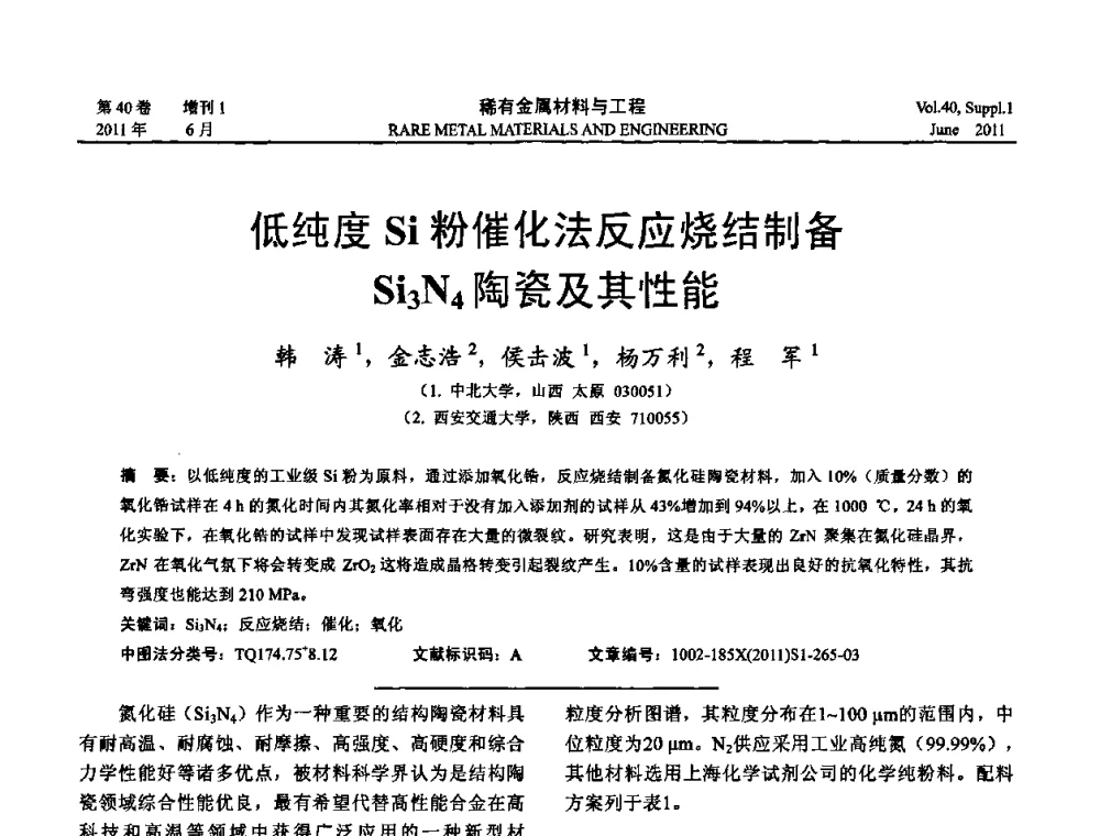低纯度Si粉催化法反应烧结制备Si3N4陶瓷及其性能 - 第十六届全国高技术陶瓷学术年会暨景德镇高技术陶瓷高层论坛