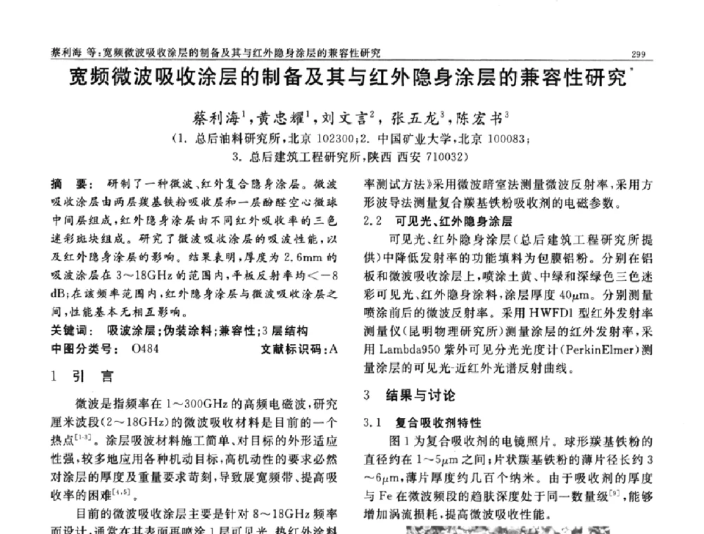 宽频微波吸收涂层的制备及其与红外隐身涂层的兼容性研究 - 第七届中国功能材料及其应用学术会议