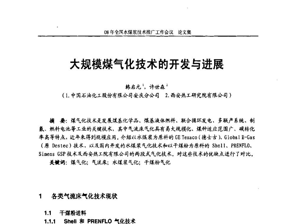 大规模煤气化技术的开发与进展 - 2008年全国水煤浆技术推广工作会议