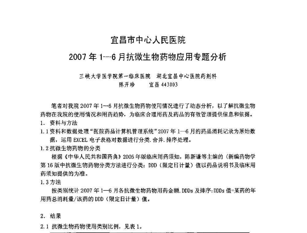 宜昌市中心人民医院2007年1—6月抗微生物药物应用专题分析 - 2008年抗生素质量与安全论坛