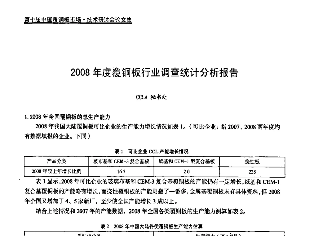 2008年度覆铜板行业调查统计分析报告 - 第十届中国覆铜板市场·技术研讨会