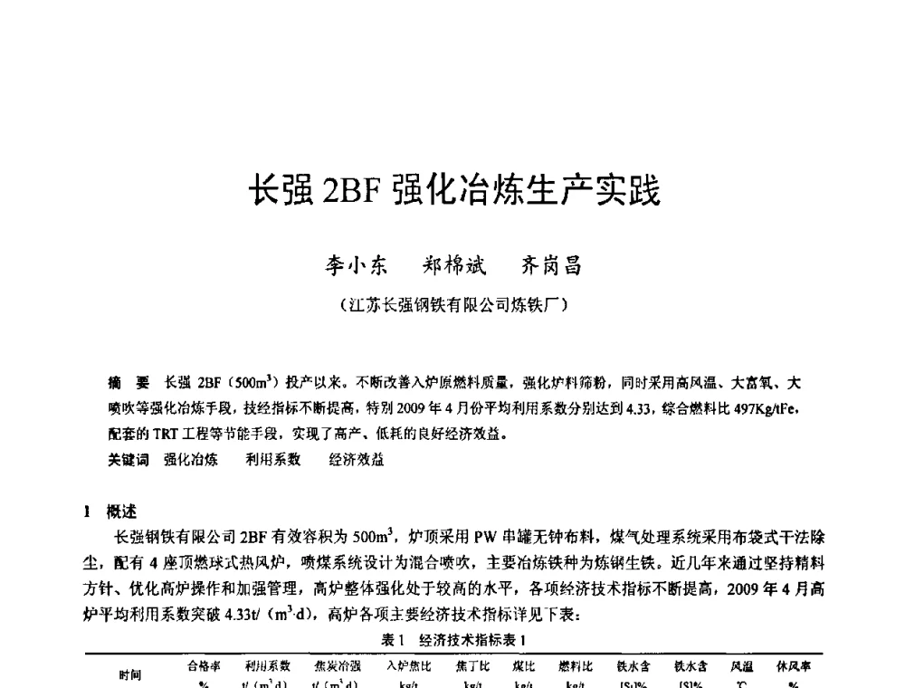 长强2BF强化冶炼生产实践 - 2009年中小高炉炼铁学术年会