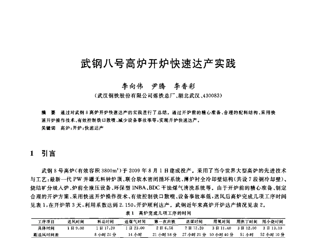 武钢八号高炉开炉快速达产实践 - 2010年全国炼铁生产技术会议暨炼铁年会