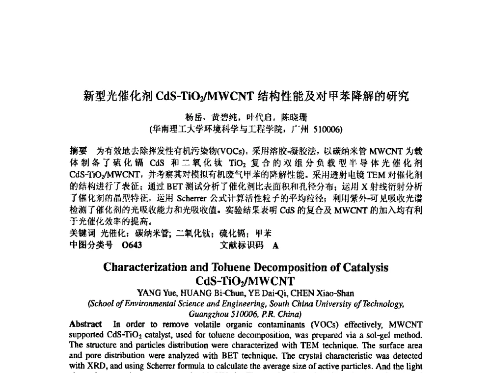 新型光催化剂CdS-TiO2_MWCNT结构性能及对甲苯降解的研究 - 中国环境科学学会室内环境与健康分会2008年学术年会