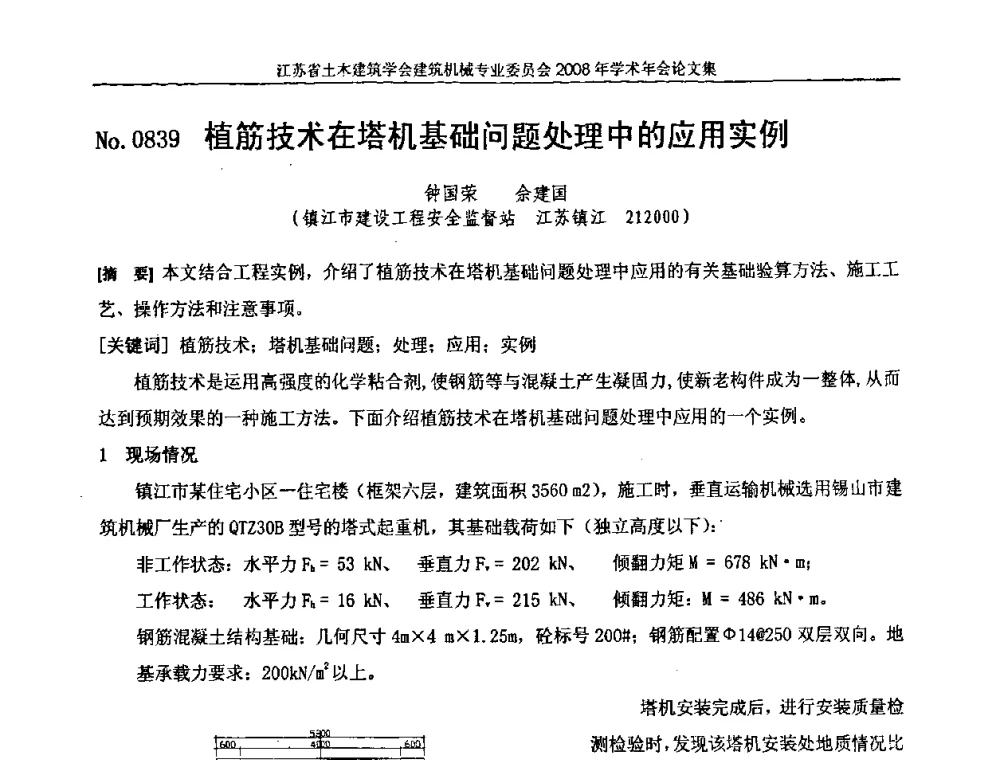 植筋技术在塔机基础问题处理中的应用实例 - 江苏省土木建筑学会建筑机械专业委员会2008年学术年会