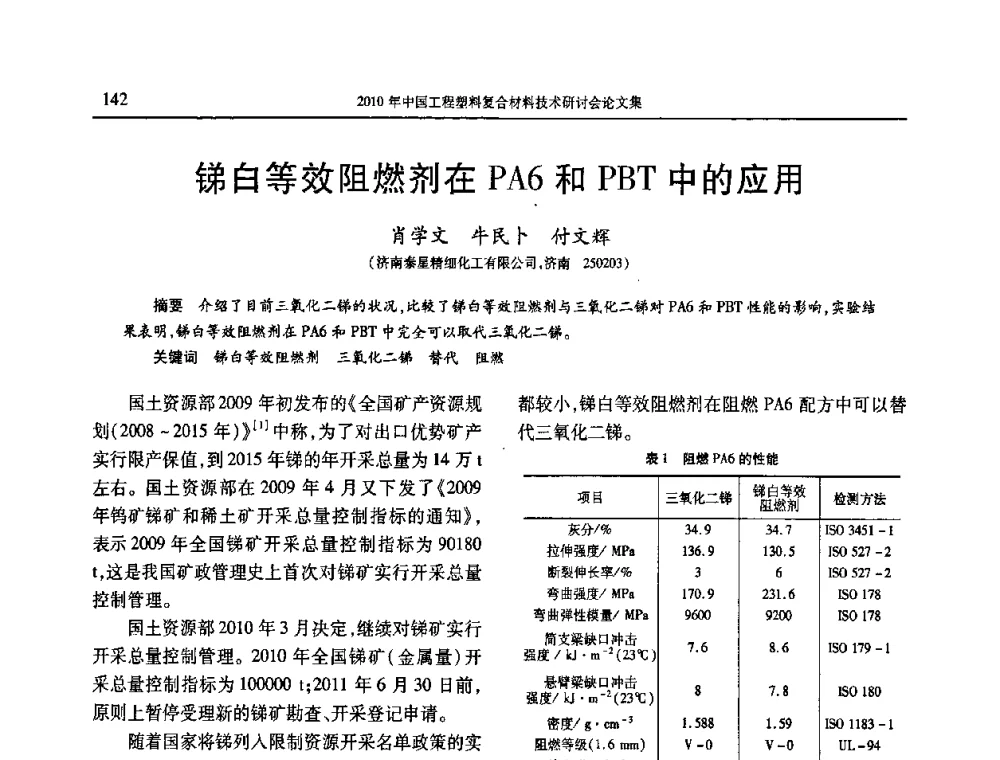 锑白等效阻燃剂在PA6和PBT中的应用 - 2010年中国工程塑料复合材料技术研讨会
