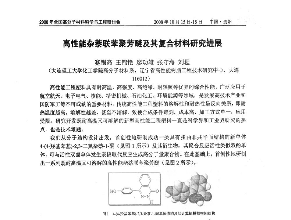 高性能杂萘联苯聚芳醚及其复合材料研究进展 - 2008年全国高分子材料科学与工程研讨会