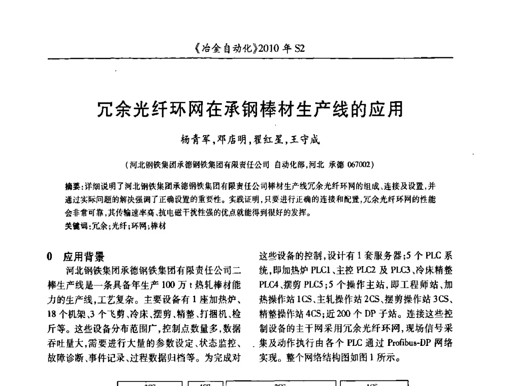 冗余光纤环网在承钢棒材生产线的应用 - 中国计量协会冶金分会2010年会暨全国第十五届自动化应用学术交流会