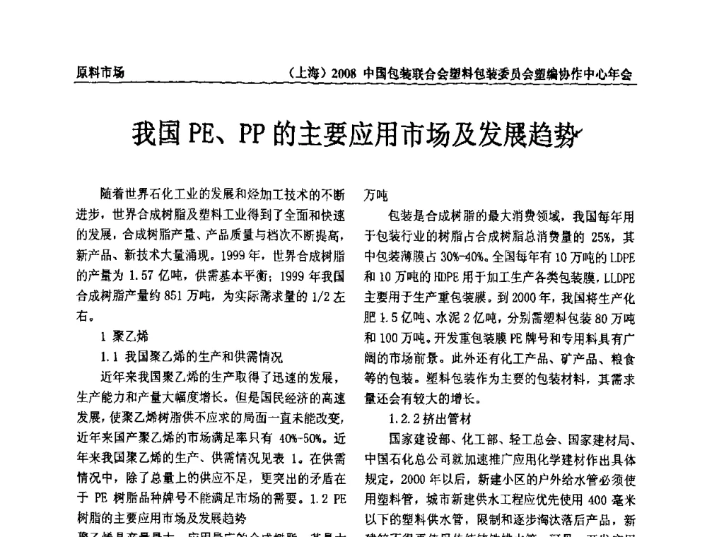 我国PE、PP的主要应用市场及发展趋势 - 2008中国包装联合会塑料制品包装委员会塑编行业协作中心年会