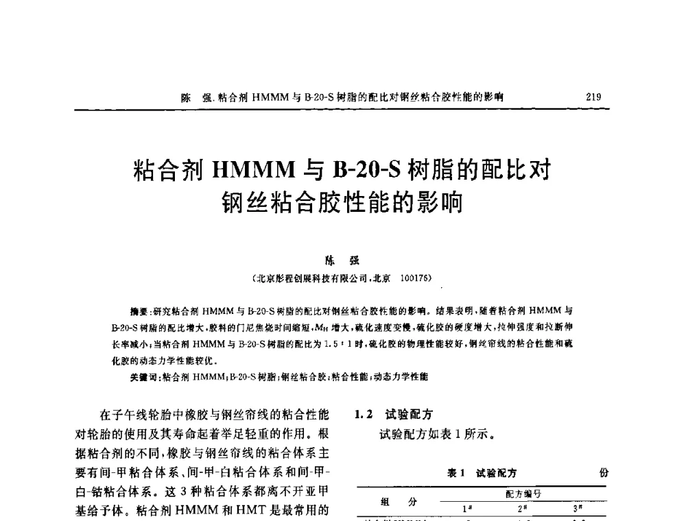 粘合剂HMMM与B-20-S树脂的配比对钢丝粘合胶性能的影响 - 第五届全国橡胶工业用织物和骨架材料技术研讨会