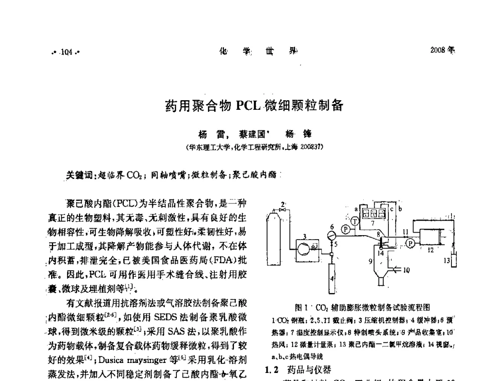 药用聚合物PCL微细颗粒制备 - 上海市化学化工学会2008年度学术年会