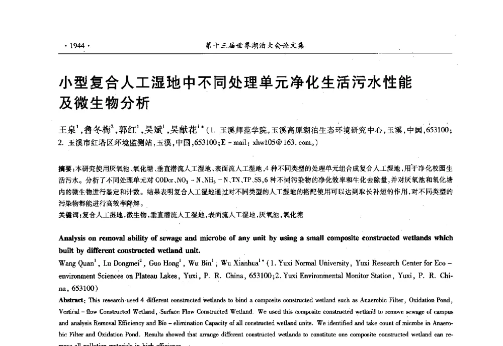 小型复合人工湿地中不同处理单元净化生活污水性能及微生物分析 - 第十三届世界湖泊大会