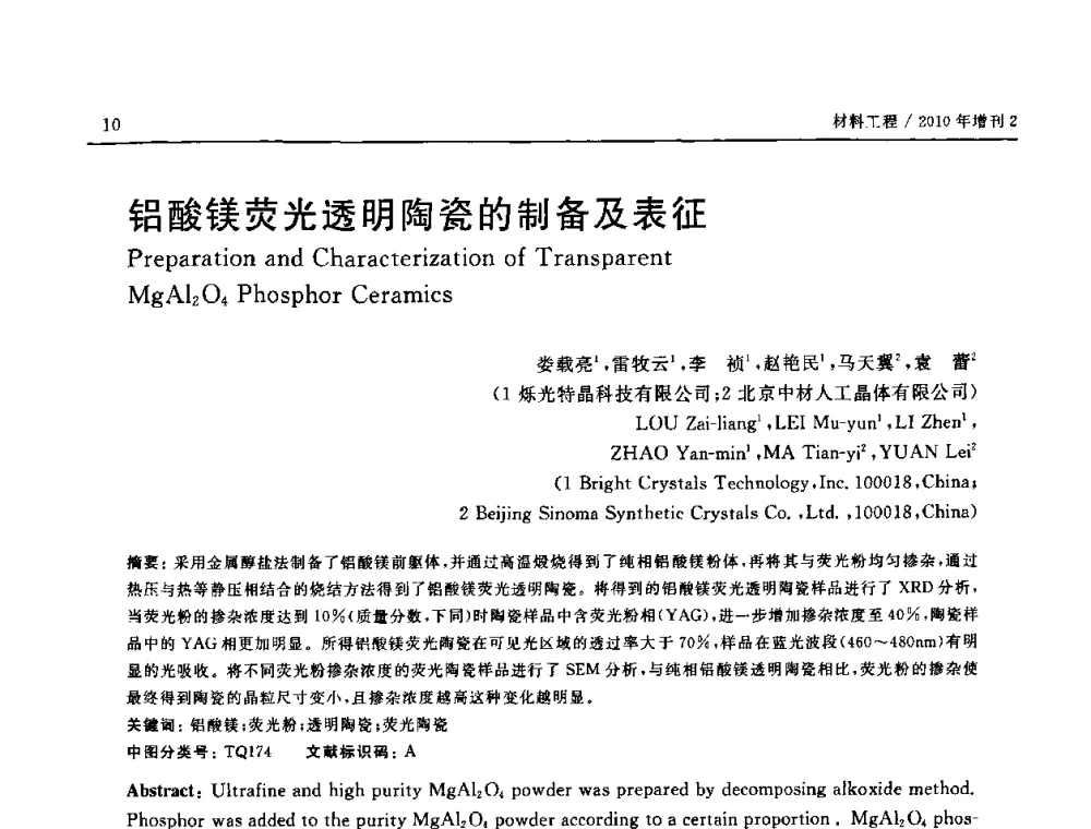 铝酸镁荧光透明陶瓷的制备及表征 - 第十六届全国高技术陶瓷学术年会暨景德镇高技术陶瓷高层论坛