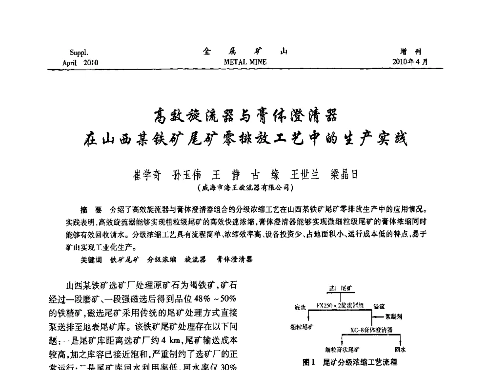高效旋流器与膏体澄清器在山西某铁矿尾矿零排放工艺中的生产实践 - 第三届尾矿库安全运行技术高峰论坛