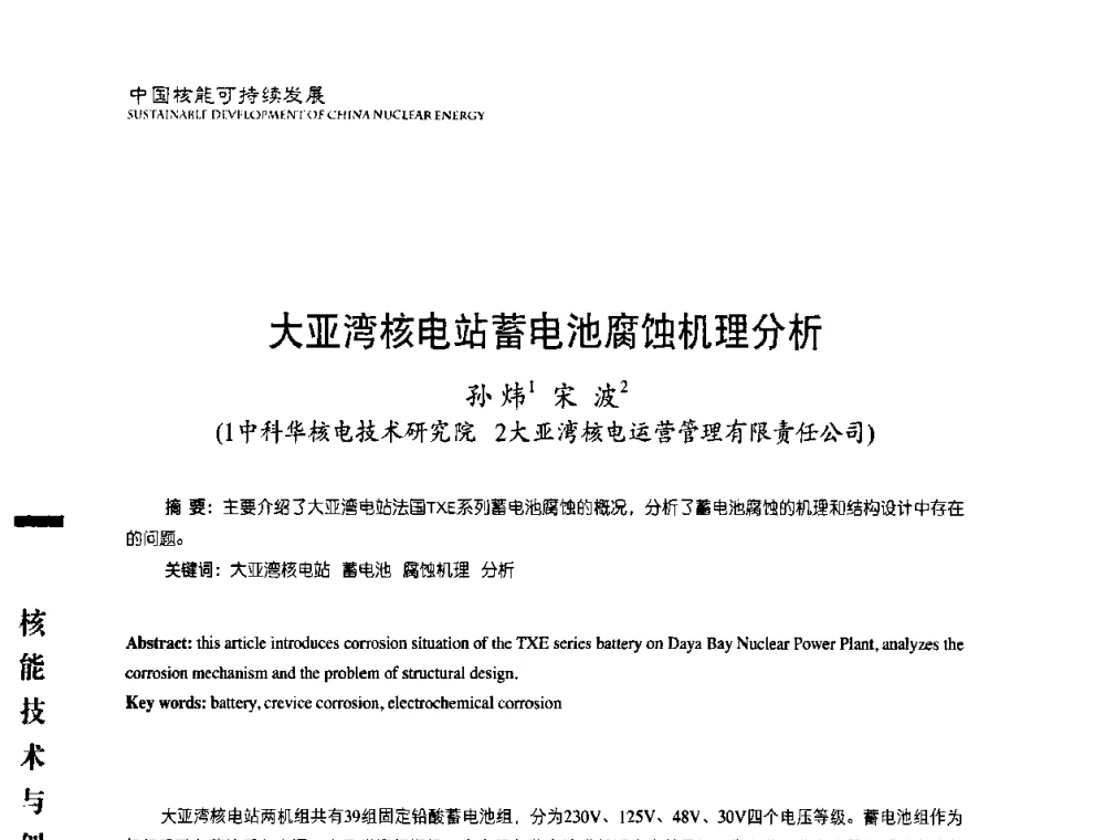 大亚湾核电站蓄电池腐蚀机理分析 - 中国核能行业协会2008年中国核能可持续发展论坛