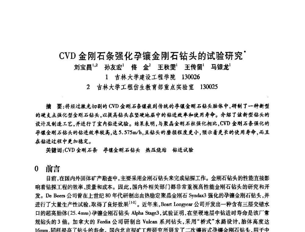 CVD金刚石条强化孕镶金刚石钻头的试验研究 - 2009中国超硬材料行业技术发展论坛