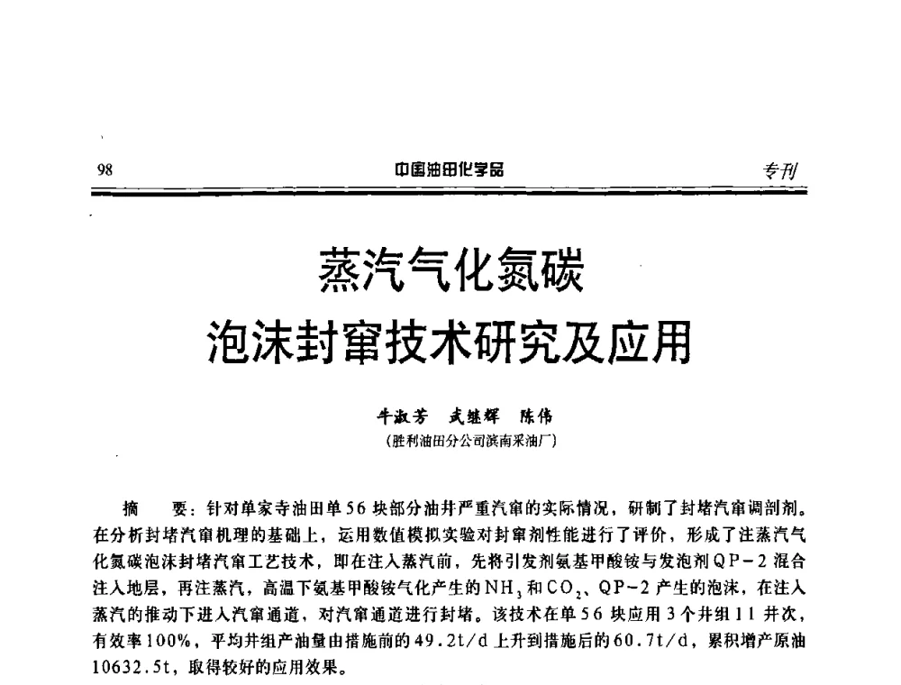 蒸汽气化氮碳泡沫封窜技术研究及应用 - 中国油田采油与集输用化学品开发应用研讨会