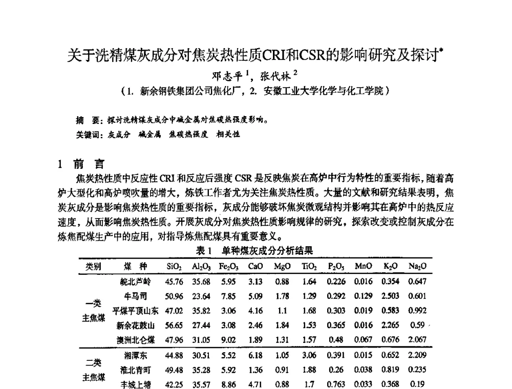 关于洗精煤灰成分对焦炭热性质CRI和CSR的影响研究及探讨 - 苏、鲁、皖、赣、冀五省金属学会第十五届焦化学术年会