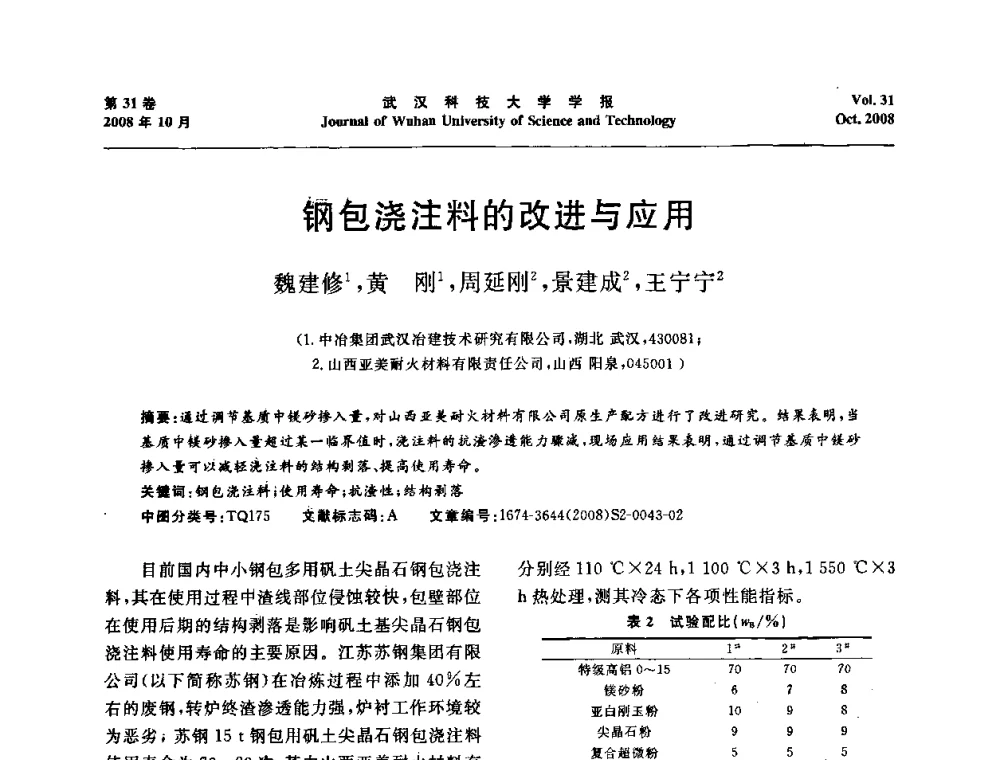 钢包浇注料的改进与应用 - 第十一届全国耐火材料青年学术报告会