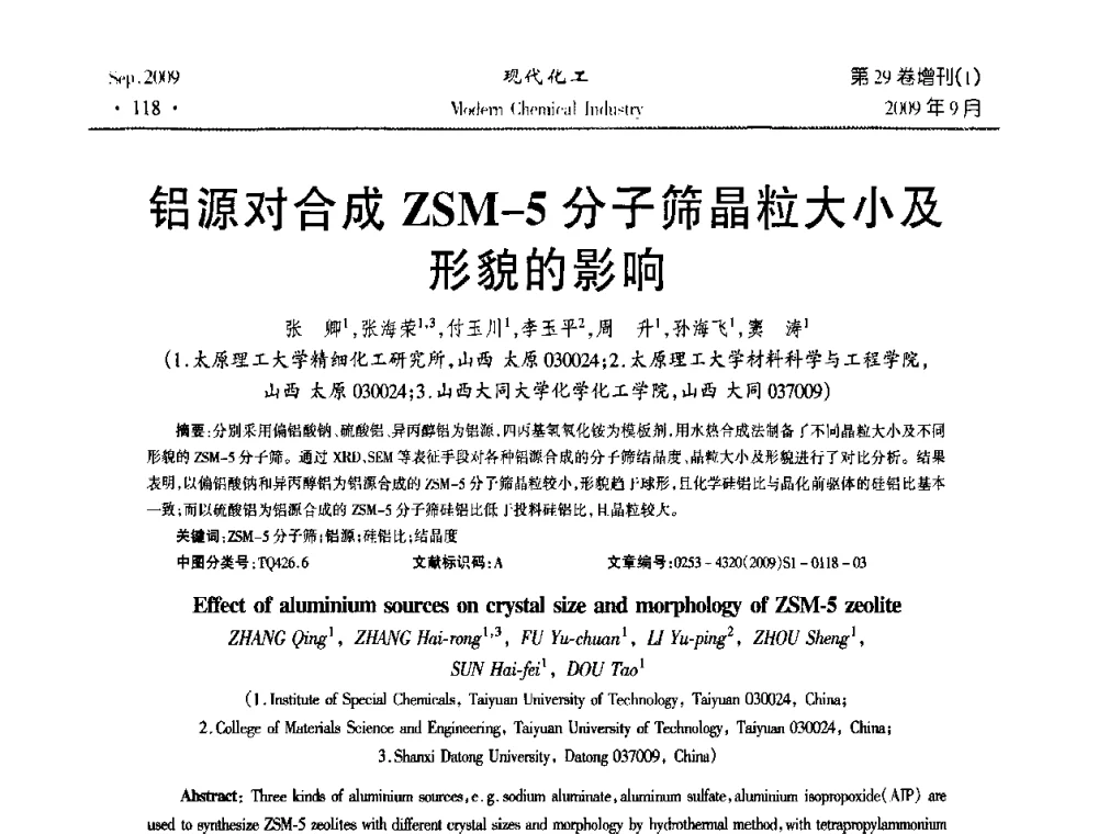 铝源对合成ZSM-5分子筛晶粒大小及形貌的影响 - 第十届全国化学工艺学术年会