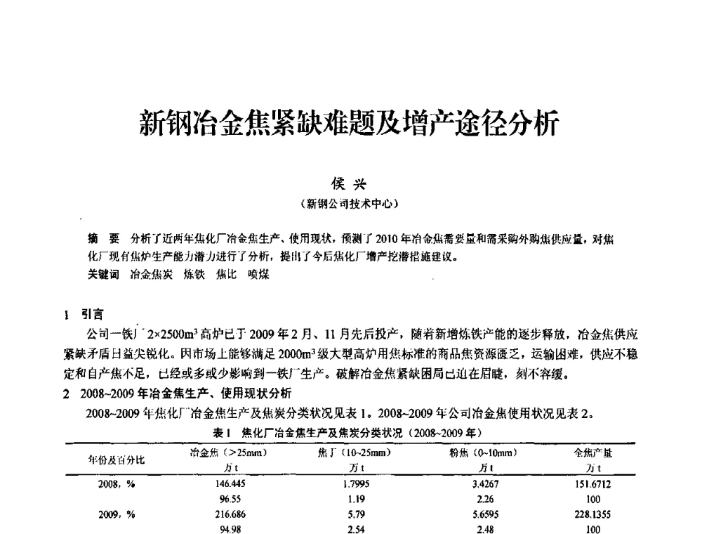 新钢冶金焦紧缺难题及增产途径分析 - 2010中小高炉炼铁学术年会