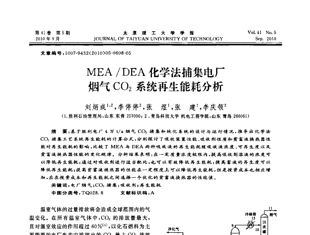 MEA_DEA化学法捕集电厂烟气CO2系统再生能耗分析 - 海峡两岸气候变迁与能源可持续发展论坛第六届年会
