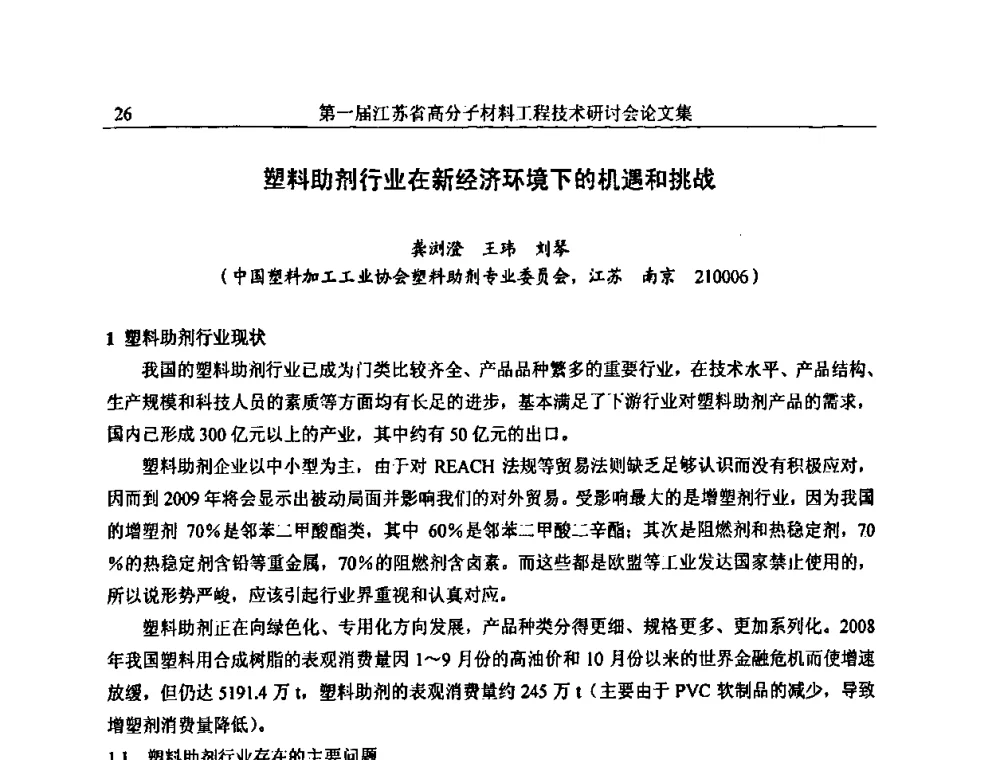 塑料助剂行业在新经济环境下的机遇和挑战 - 第一届江苏省高分子材料工程技术研讨会