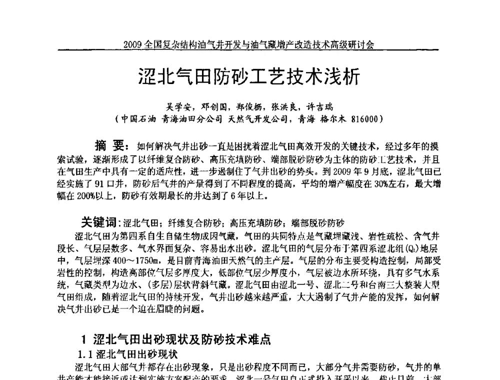 涩北气田防砂工艺技术浅析 - 2009全国复杂结构油气井开发与油气藏增产改造技术高级研讨会