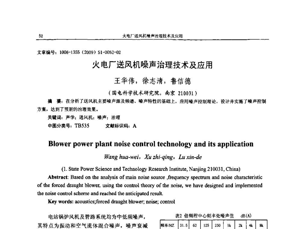 火电厂送风机噪声治理技术及应用 - 第十一届全国噪声与振动控制工程学术会议