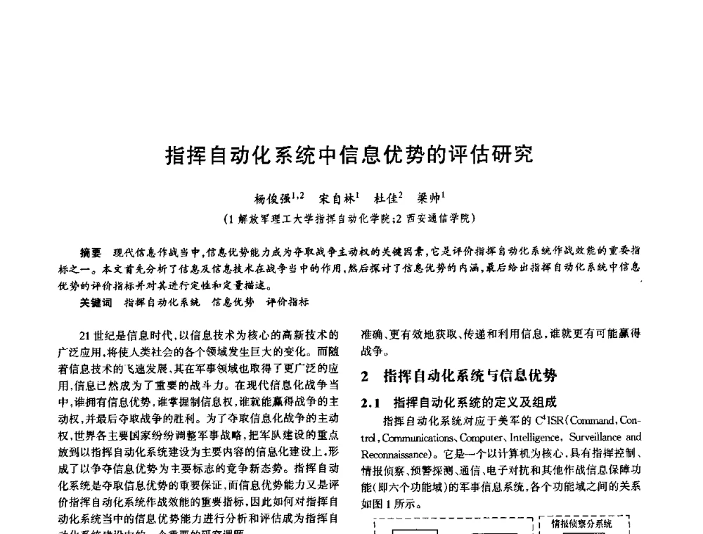 指挥自动化系统中信息优势的评估研究 - 中国电子学会电子系统工程分会第十五届信息化理论学术研讨会